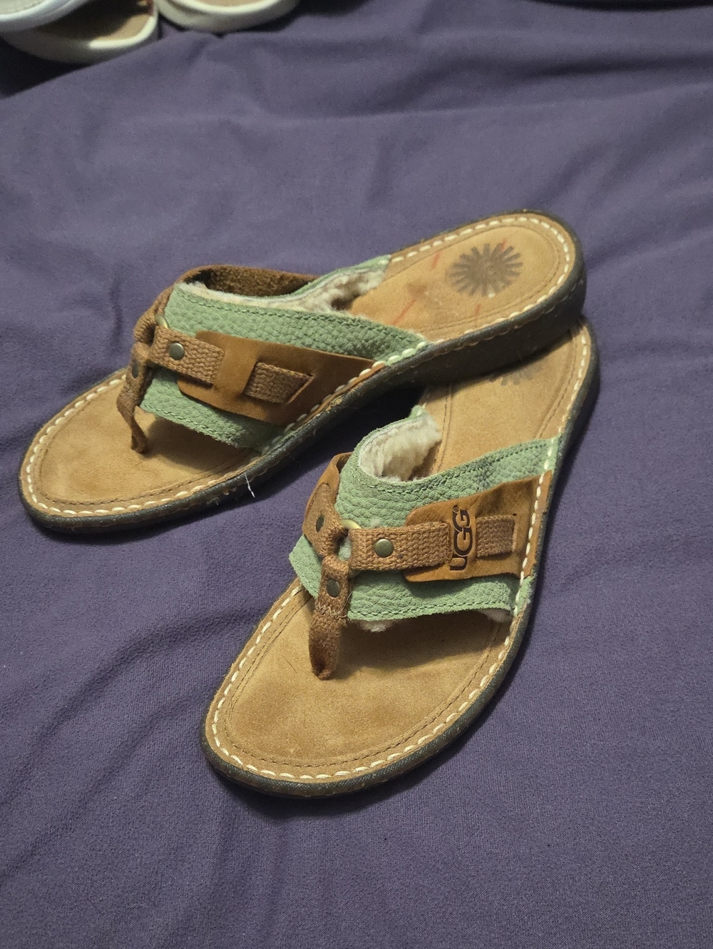 UGG Women’s Green and Brown Shearling-Trim Flip Flop Sandals